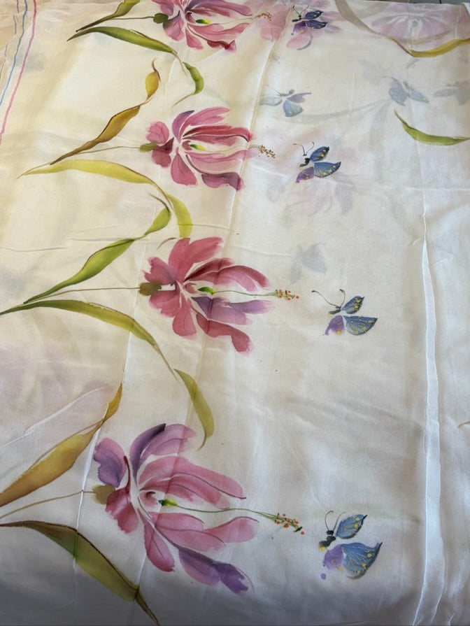 Handpainted chiffon saree - White