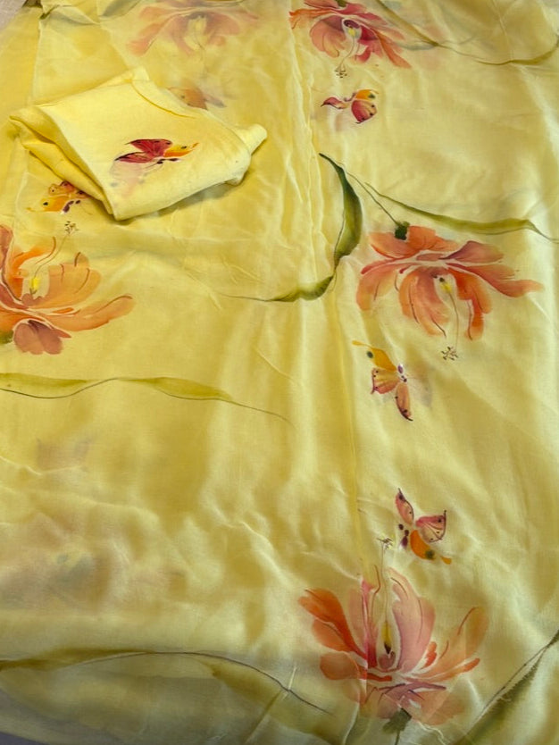 Handpainted chiffon saree - Yellow