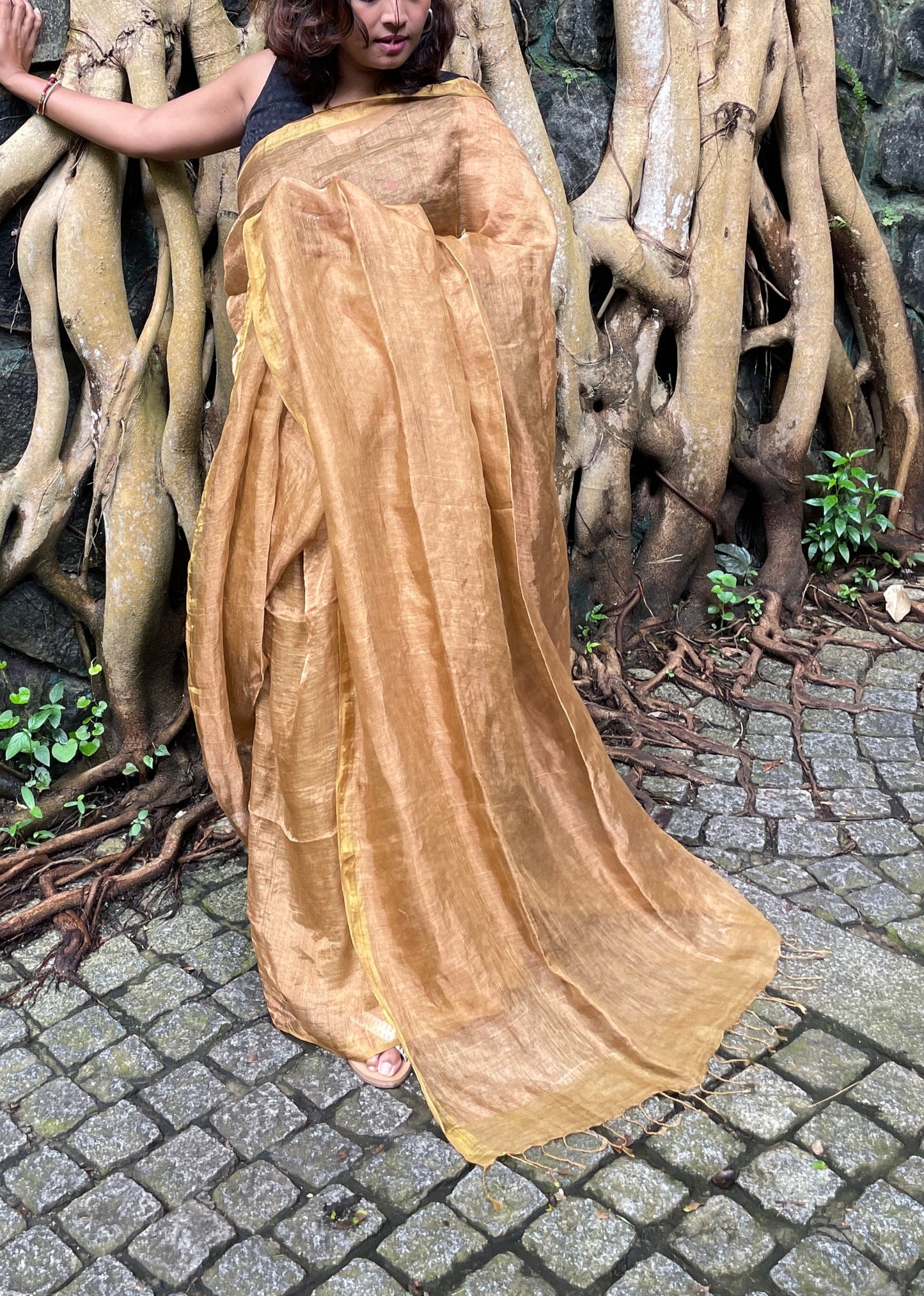 Tissue Linen saree - Copper