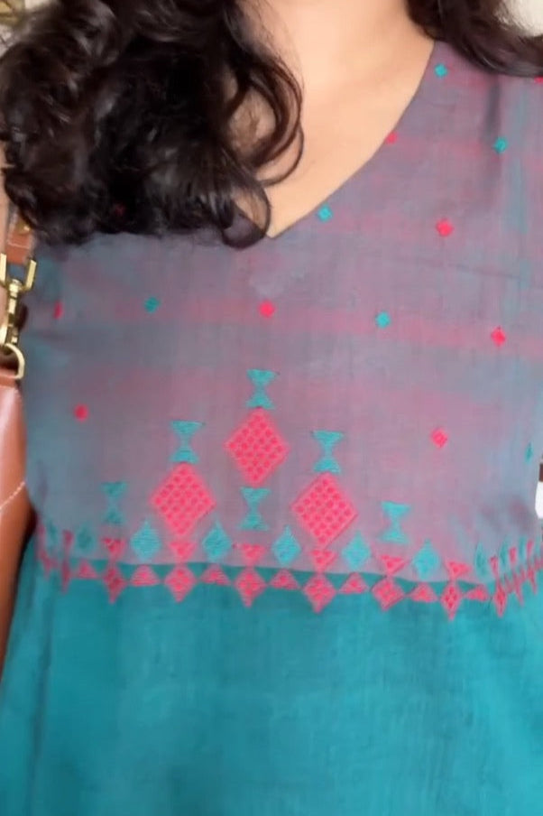 Handcrafted Urmul kala cotton dress - Green