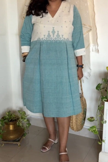 Handcrafted Urmul kala cotton dress - White Mint