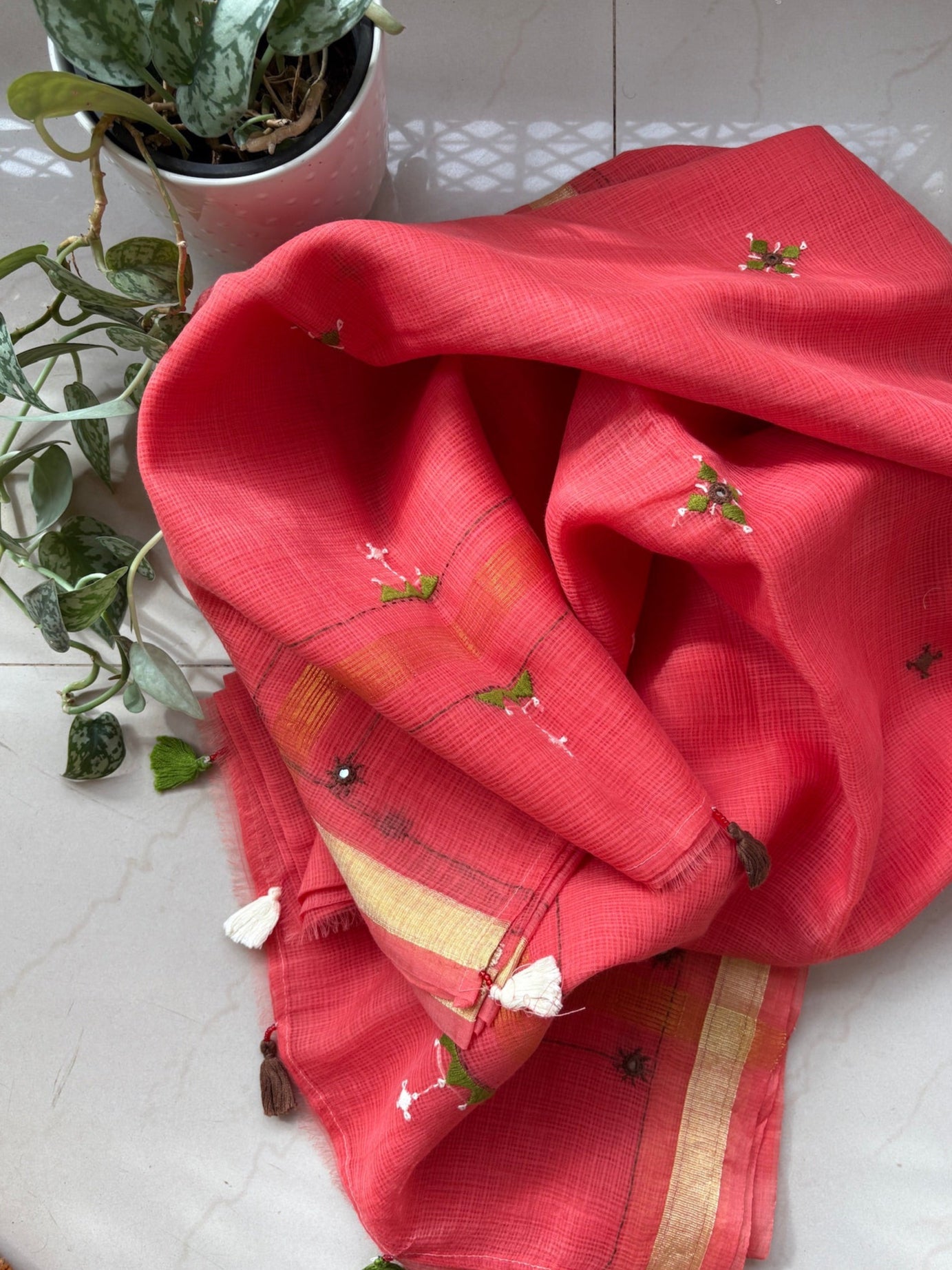 Kota cotton hand embroidered saree - Red
