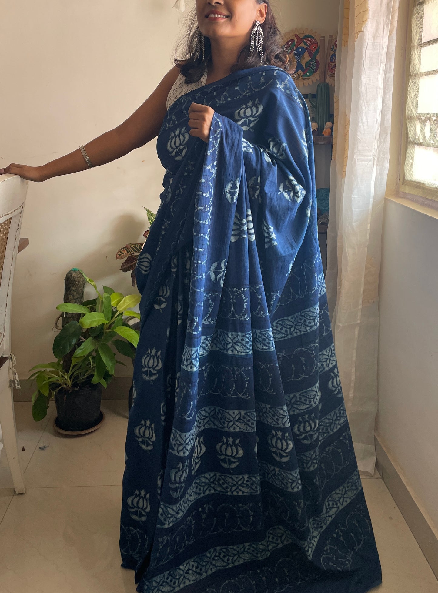 Indigo natural dyed mul cotton saree - 6