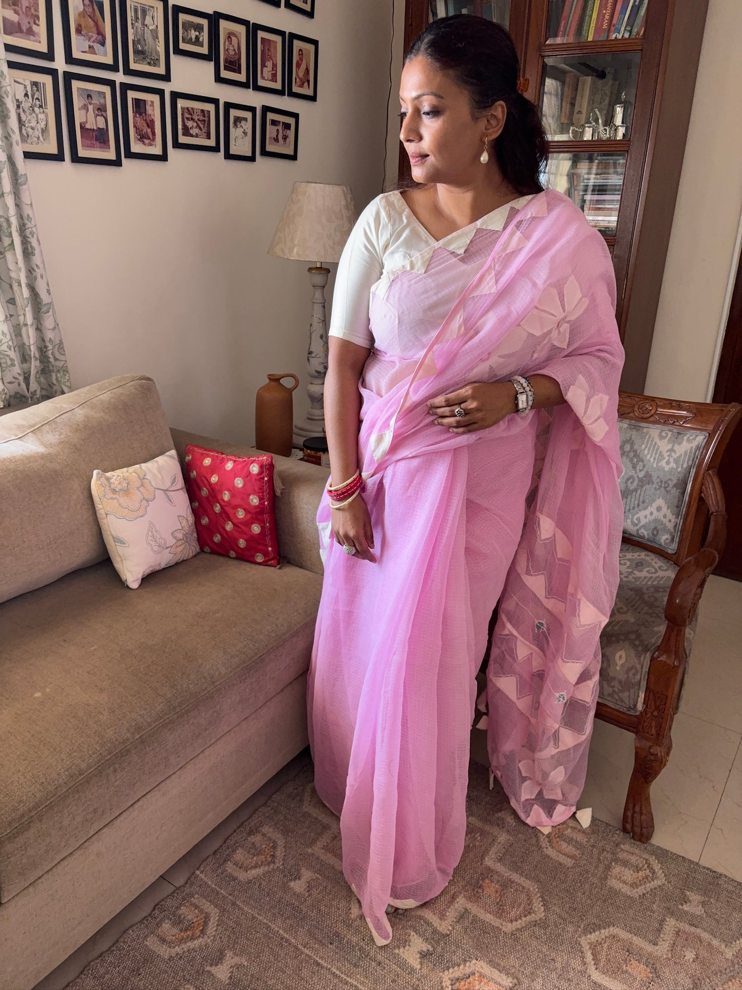 Kota cotton hand embroidered patchwork saree - Light pink