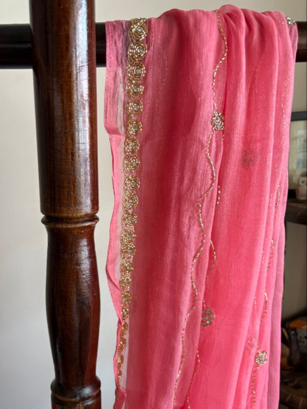 Zari chiffon saree - Peach