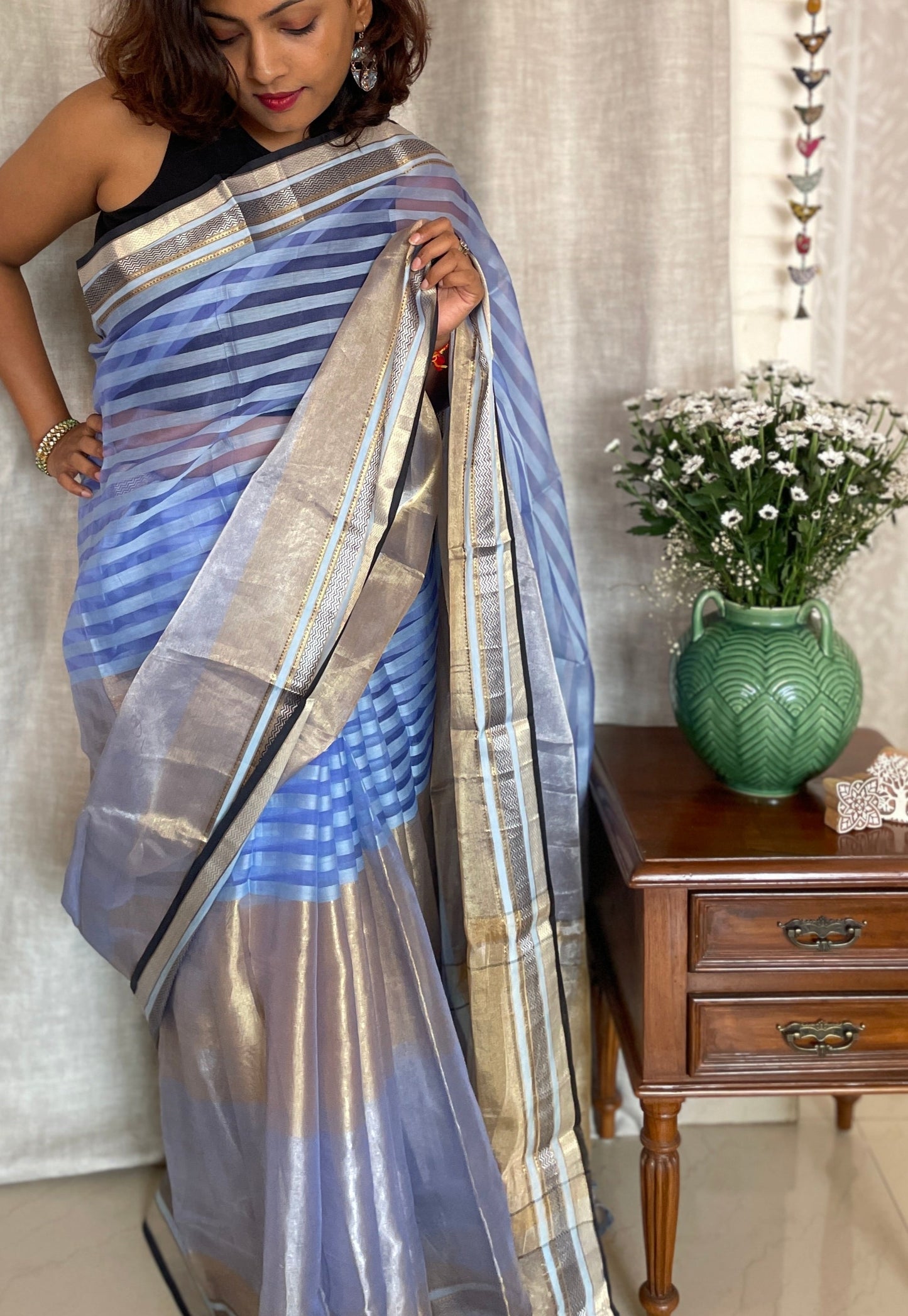 Pure Organza silk saree with tissue - Blue gold