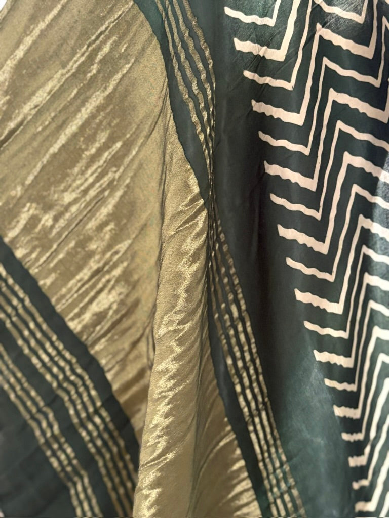 Modal silk handblock zig zag pattern saree - Green