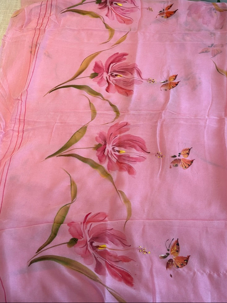 Handpainted chiffon saree - Pink 1
