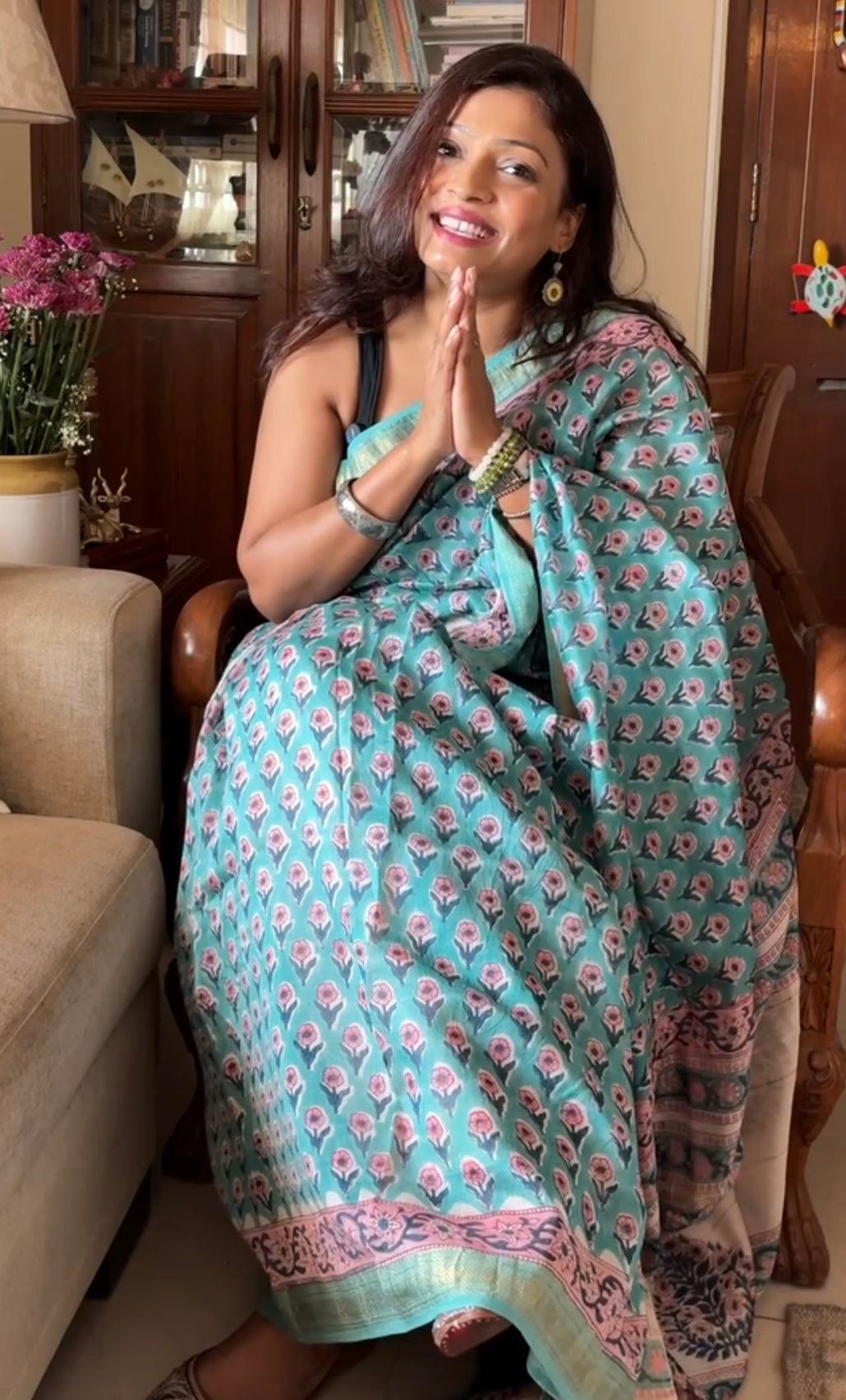 Maheshwari silk hand-block print saree - Green Phool