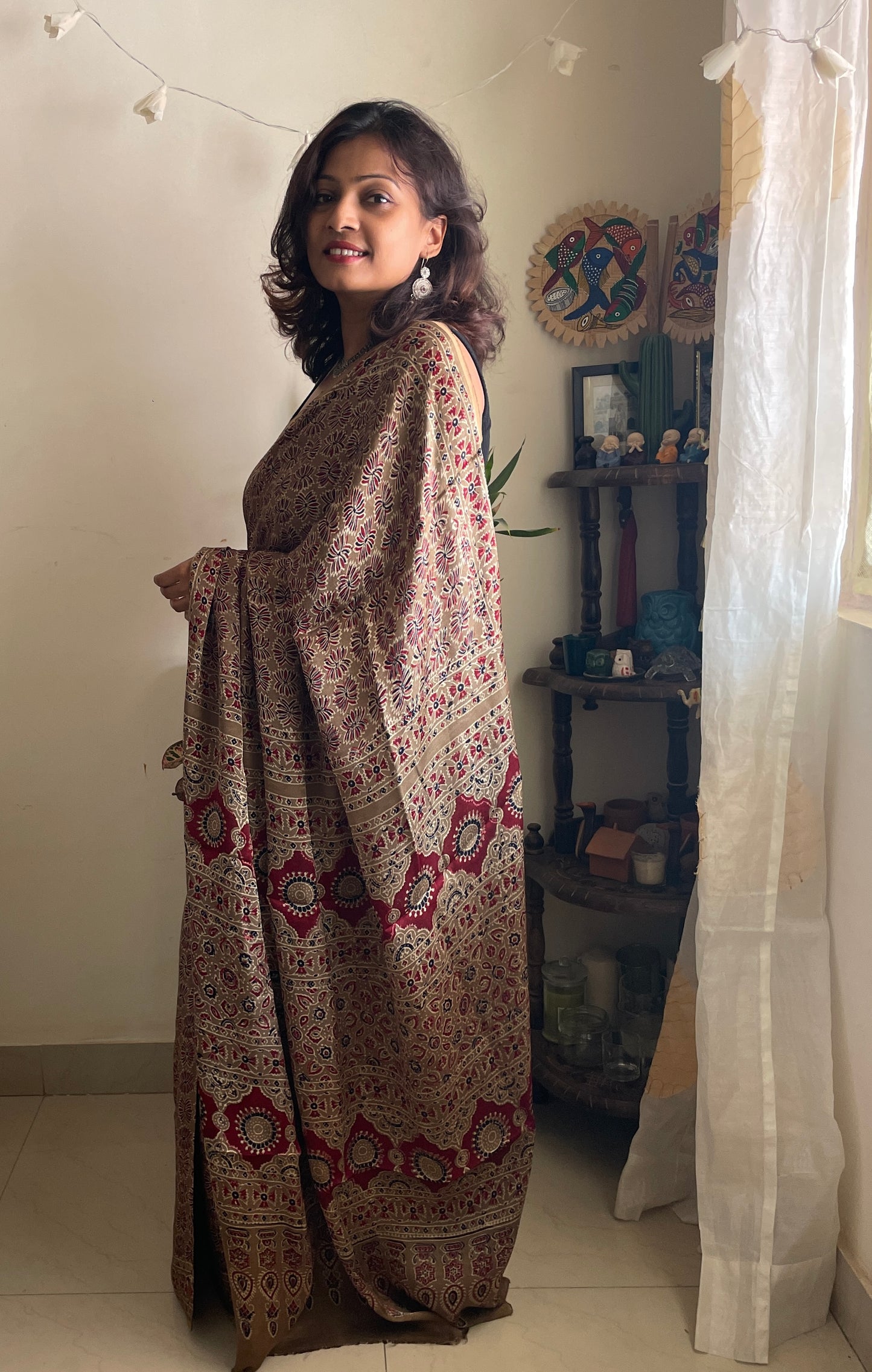 Modal silk handblock printed saree - Beige