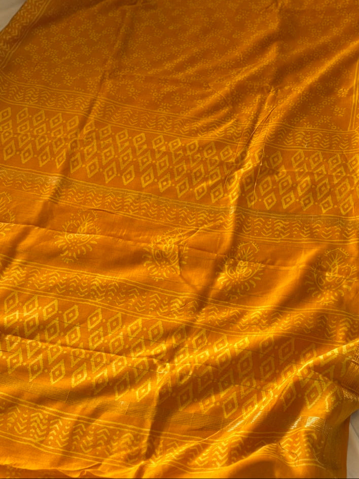 Maheshwari silk hand block print saree - Yellow