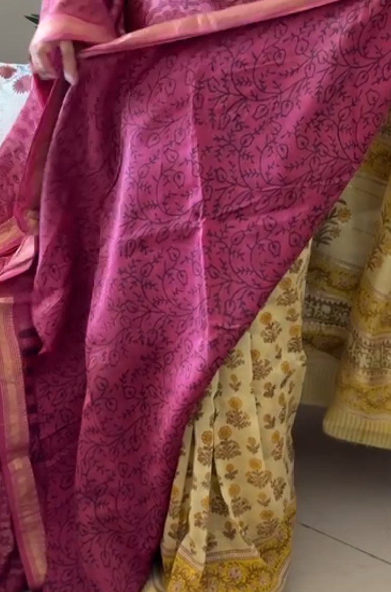 Maheshwari silk vanaspati hand block print saree - Phool 6
