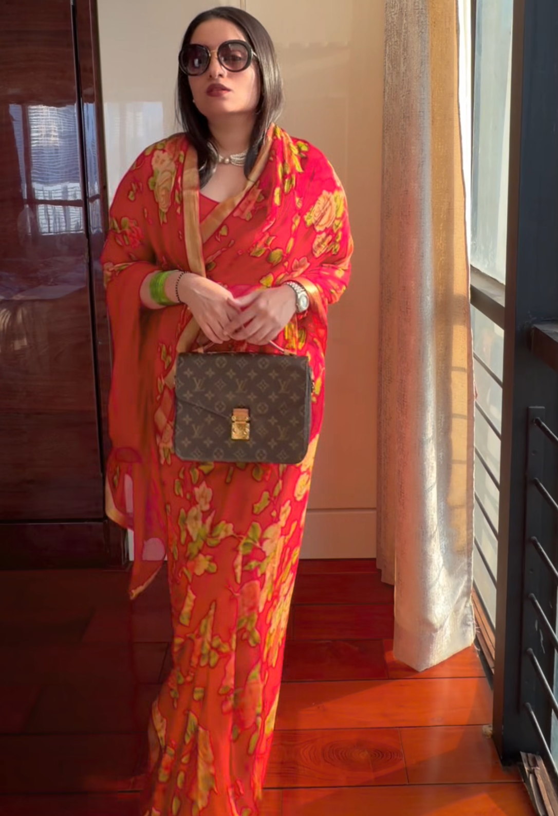 Printed pure chiffon saree - Red