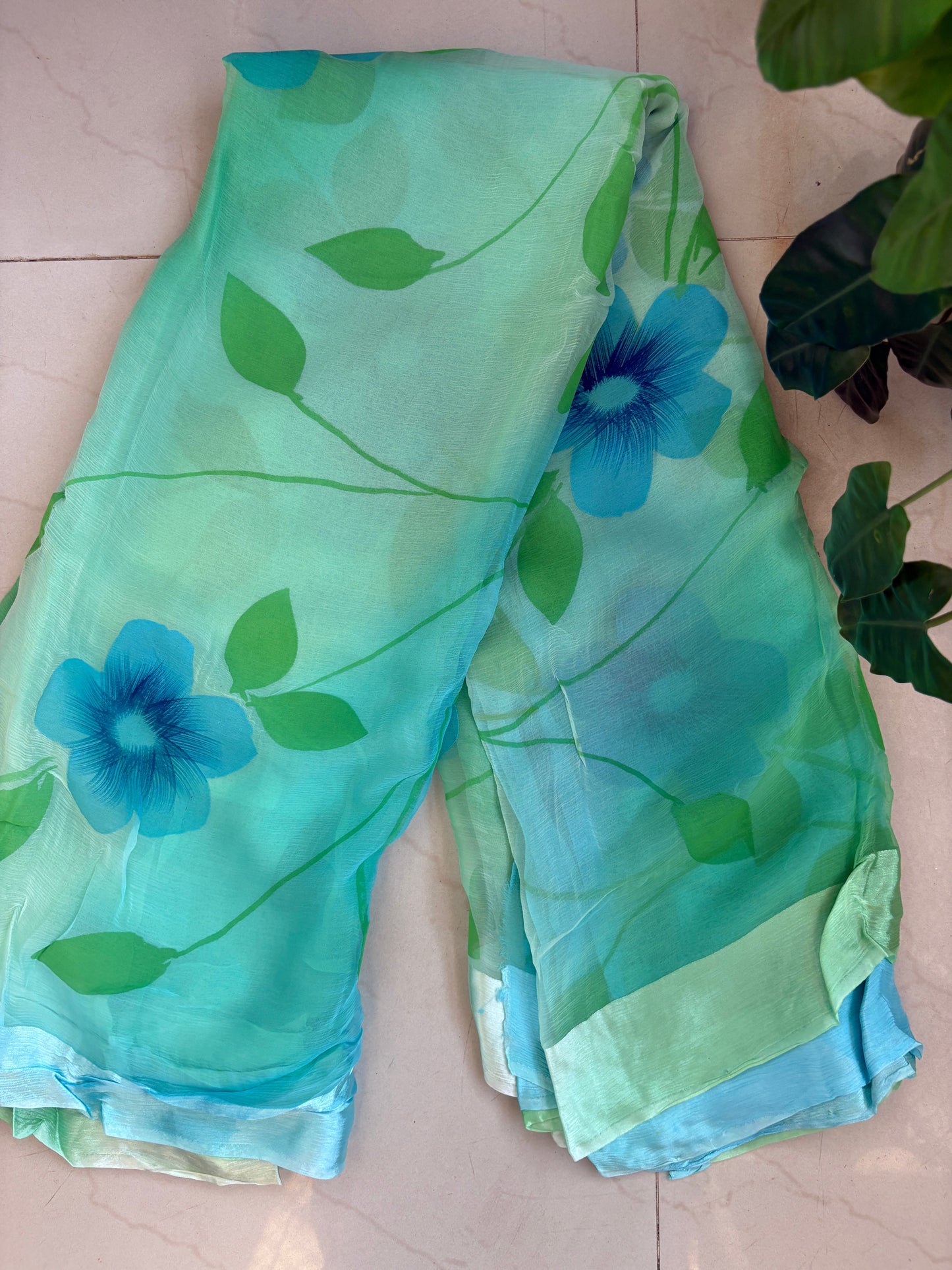 Printed pure chiffon saree - Bluish green
