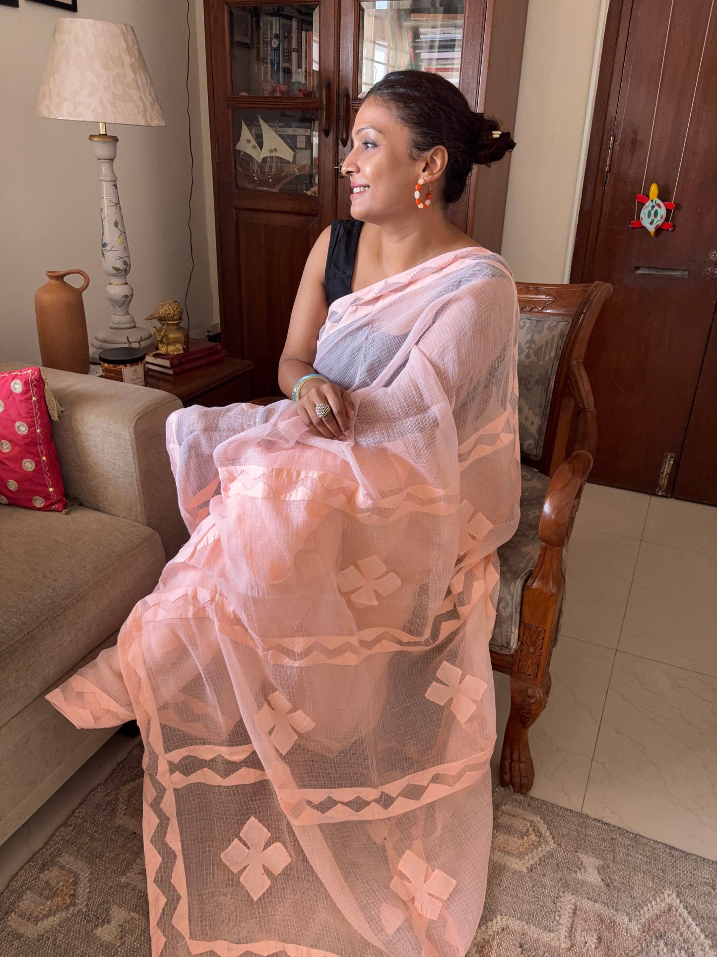 Kota cotton hand embroidered patchwork saree - Peach