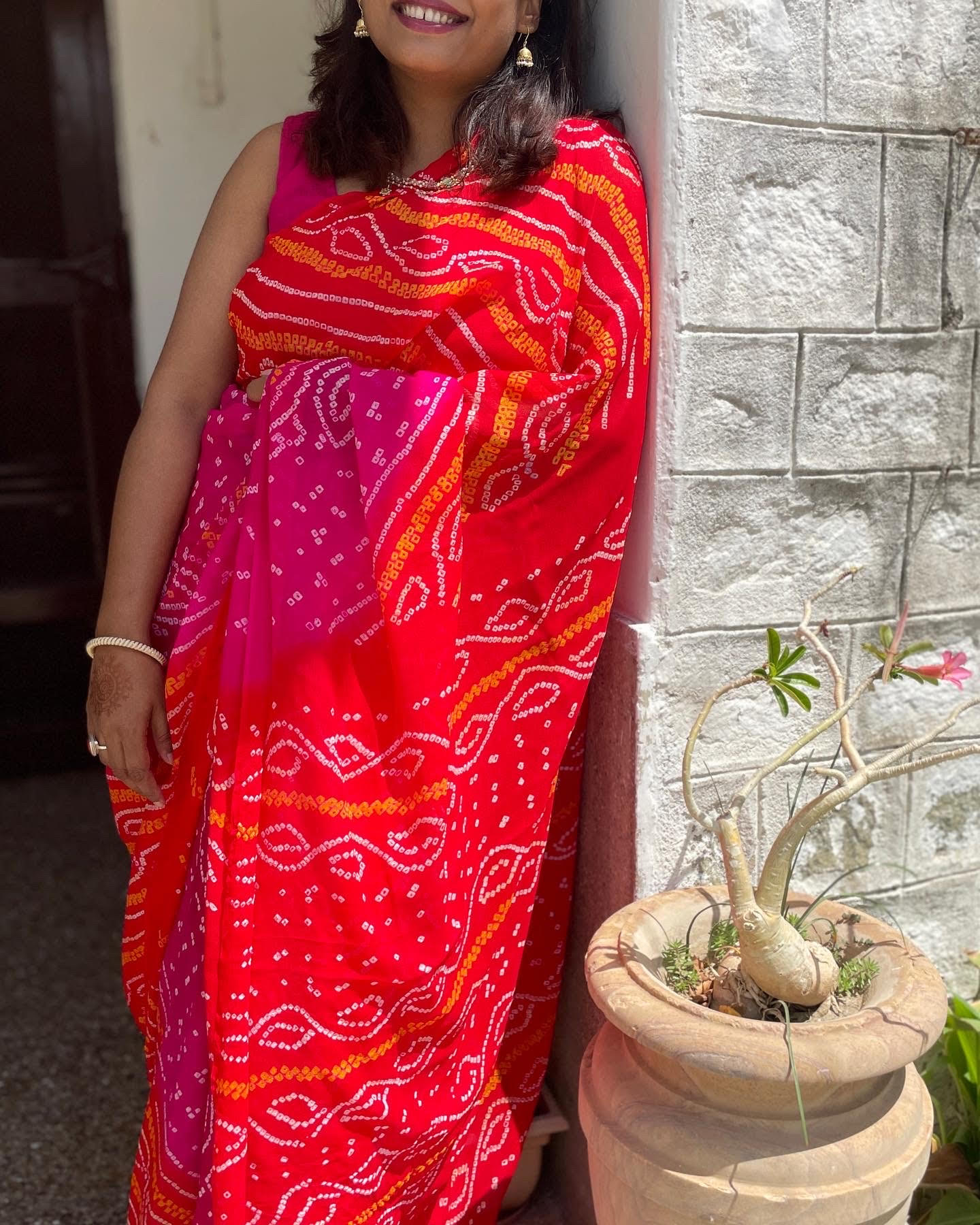 Pure chiffon rai bandhej saree - Rani orange