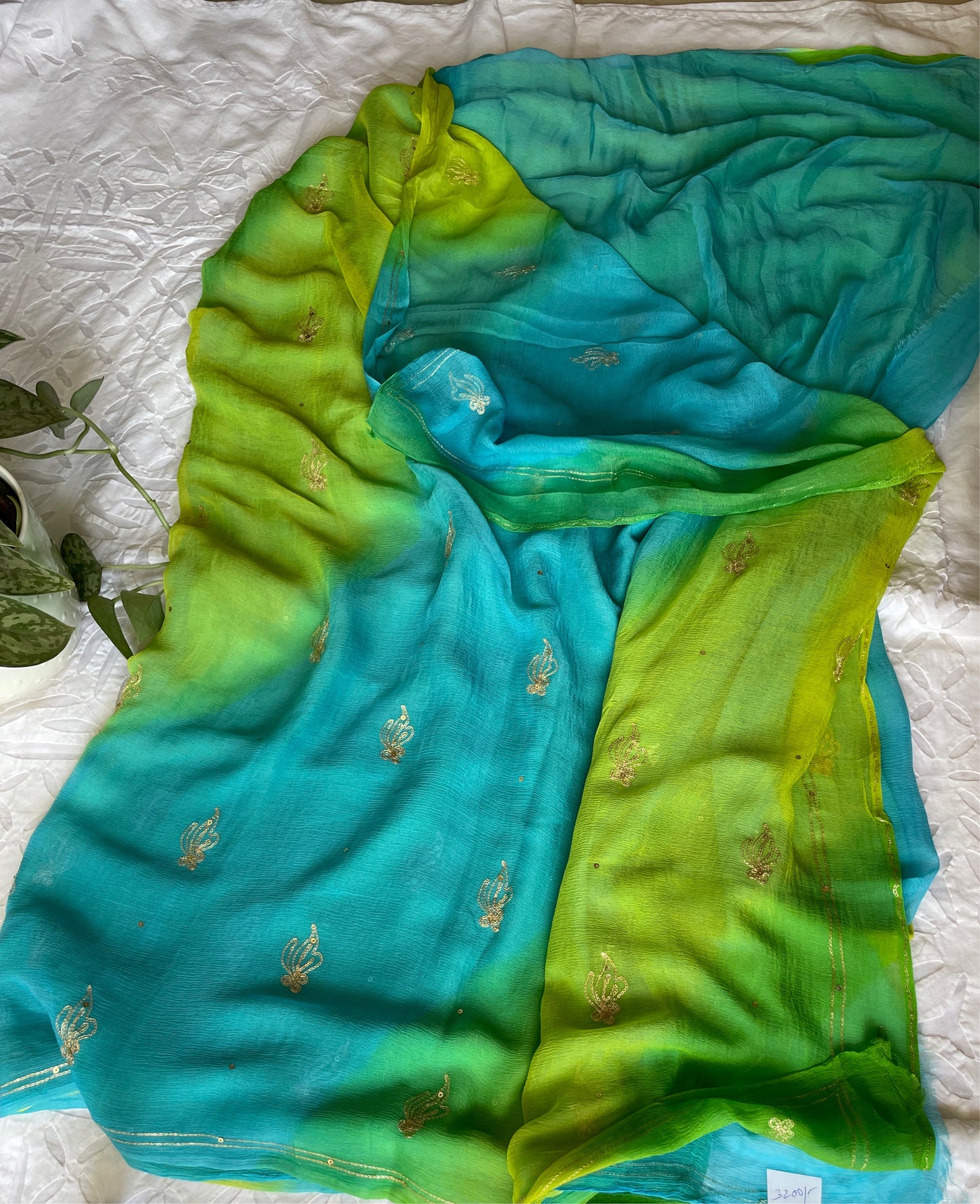 PURE CHIFFON OMBRÉ SAREE - Green Blue