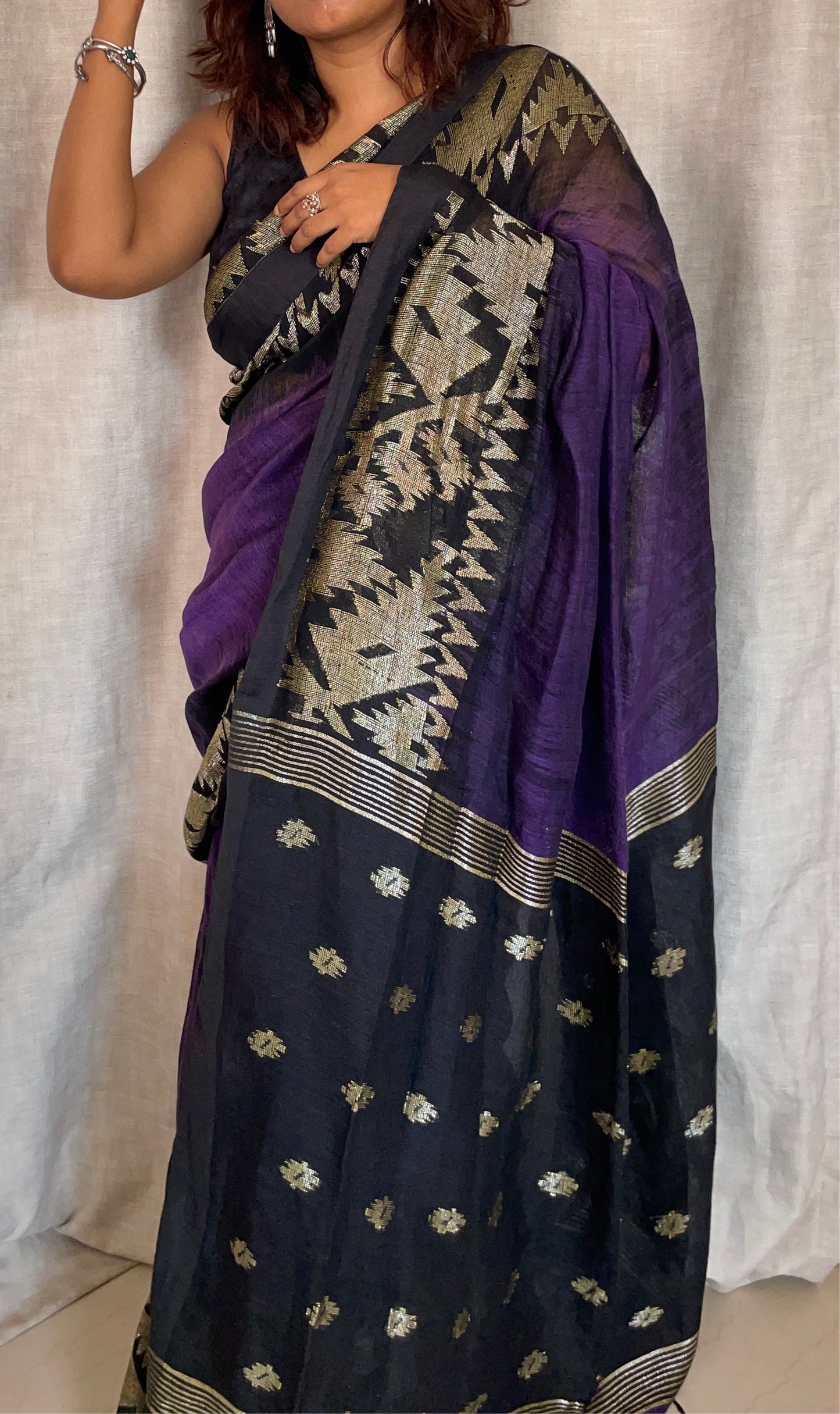 Pure linen zari jamdani saree - Purple Black
