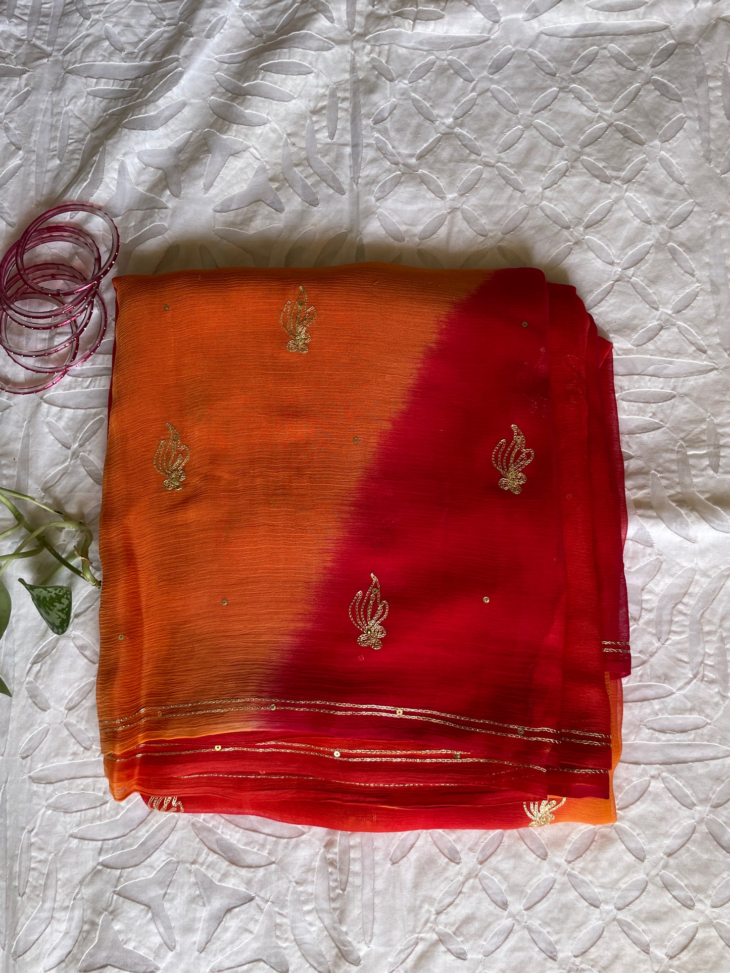 Pure chiffon ombre saree - Red Orange