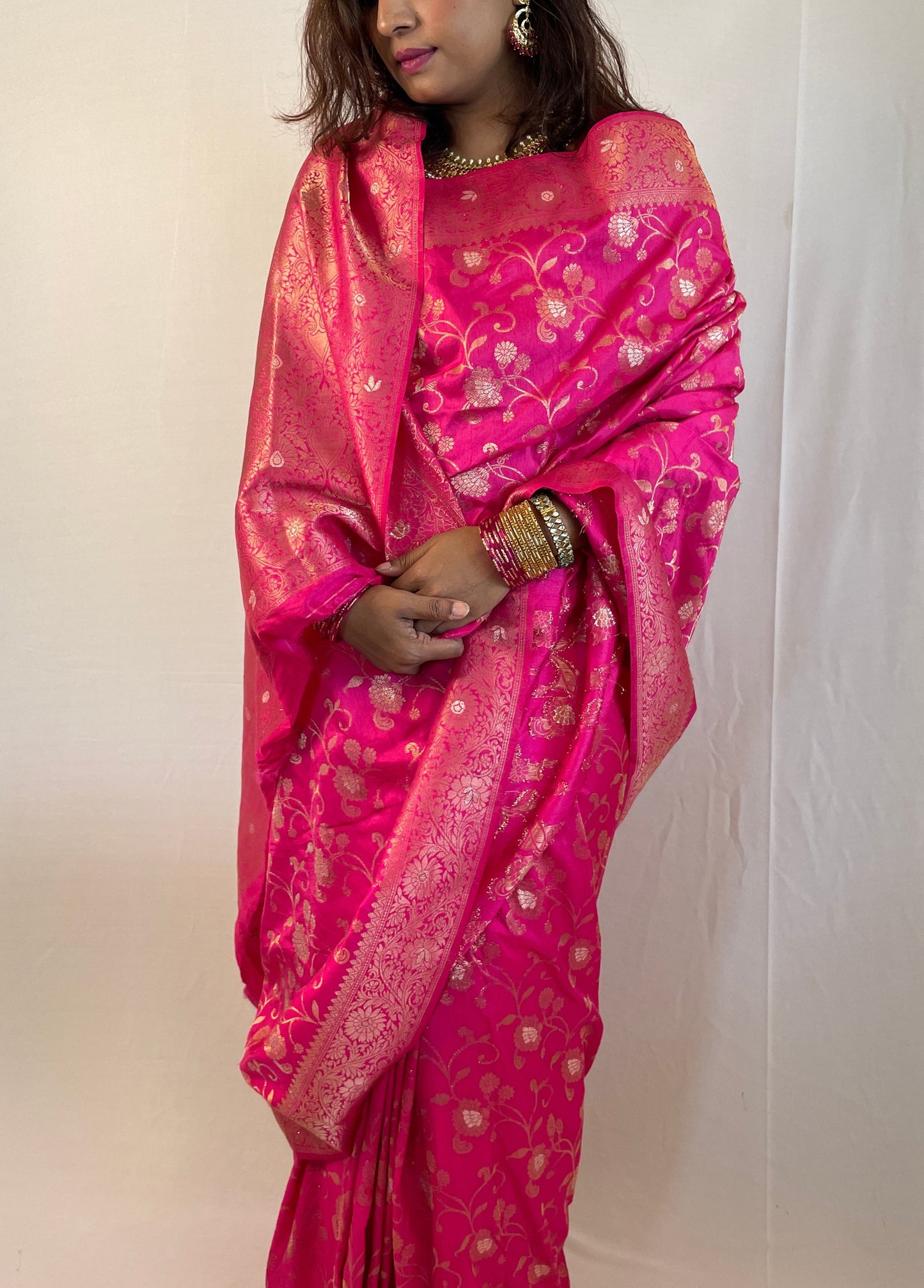 Dupion silk Banarasi saree - Rani pink