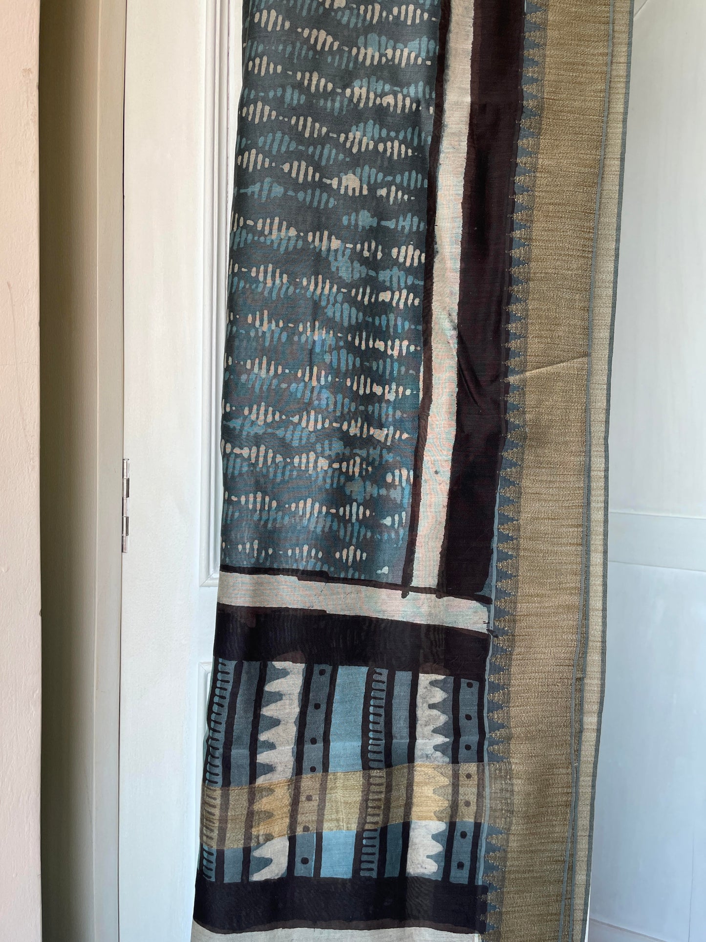 GHICHA SILK SAREE GREENISH BLUE - HANDBLOCK PRINTED