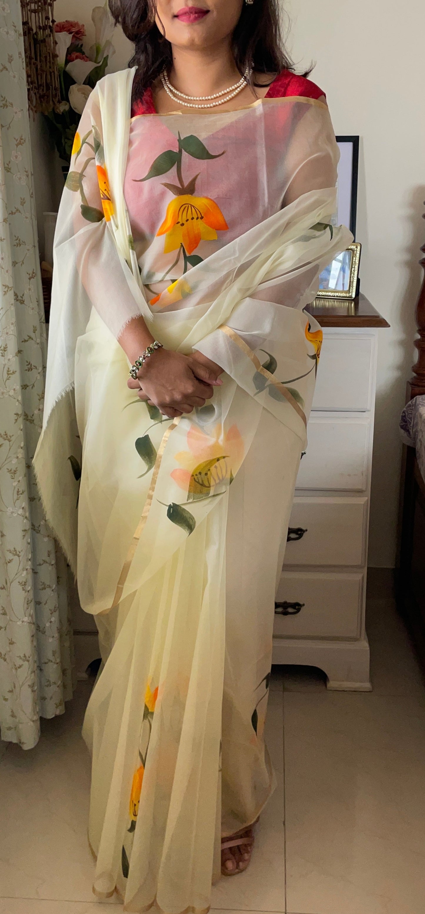 ORGANZA SAREE HANDPAINTED LIGHT YELLOW