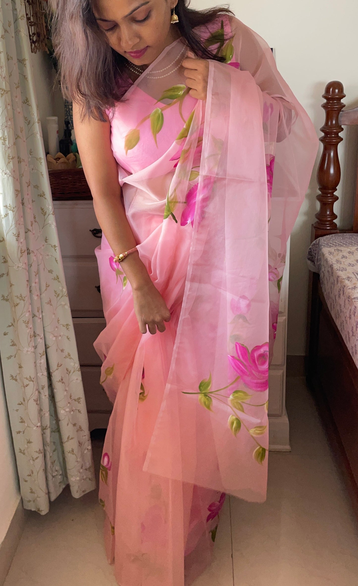 Handpainted Organza Saree - Pink