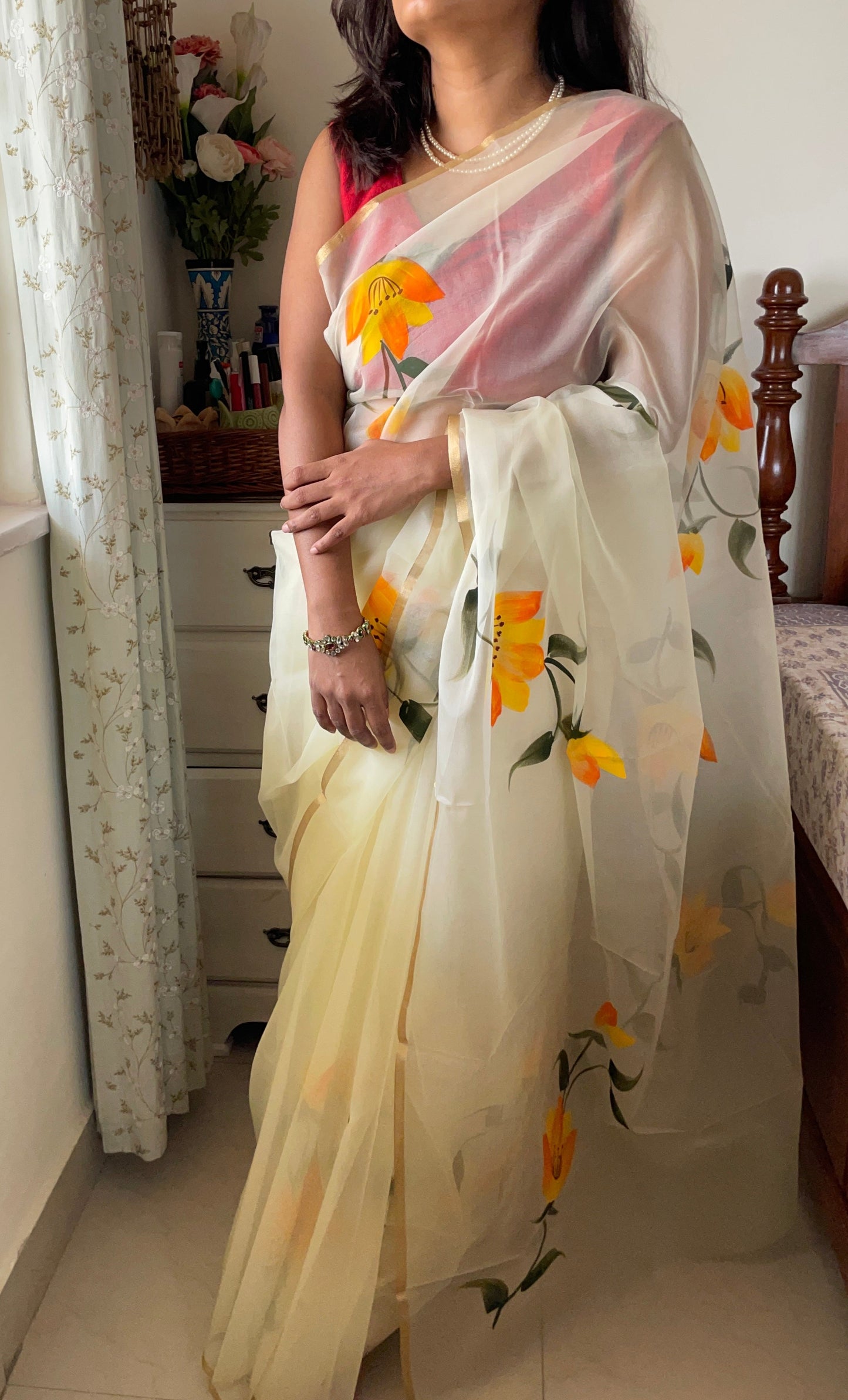 ORGANZA SAREE HANDPAINTED LIGHT YELLOW
