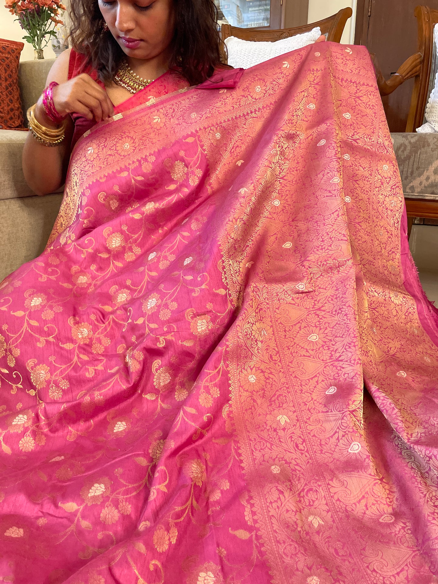 Dupion silk Banarasi saree - Onion Pink