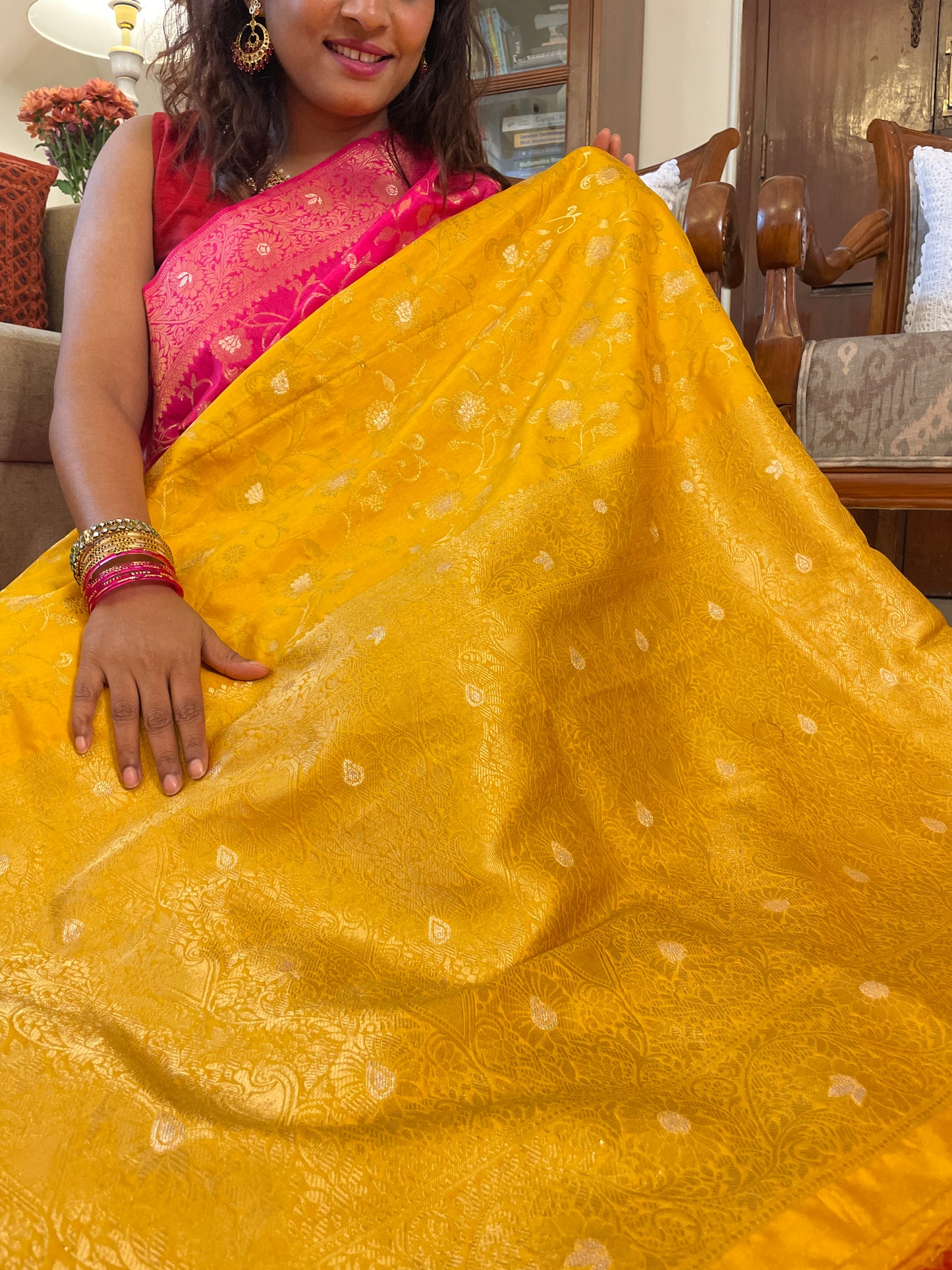 Dupion silk Banarasi saree - Yellow