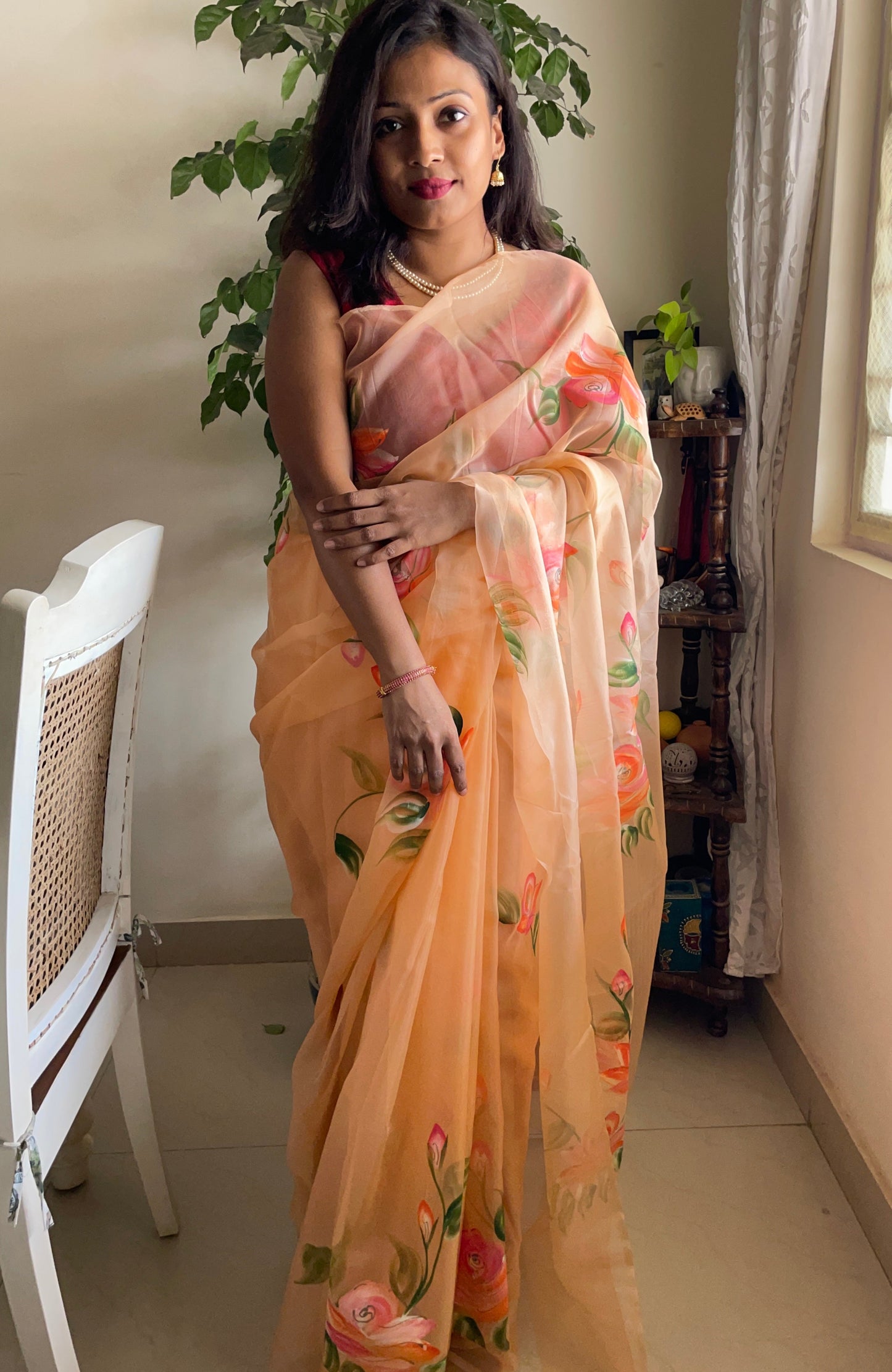 ORGANZA SAREE HANDPAINTED - ORANGE