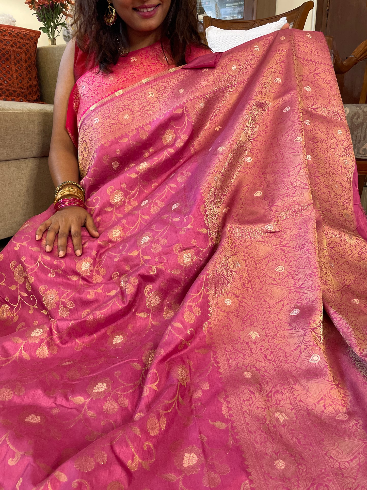 Dupion silk Banarasi saree - Onion Pink