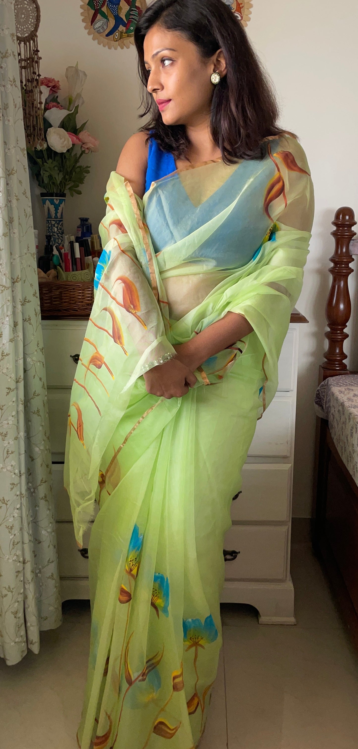 ORGANZA SAREE HANDPAINTED - MINT GREEN