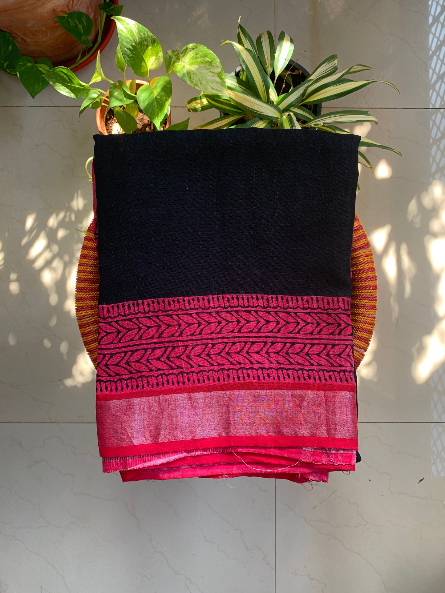 Cotton linen handblock printed saree - Black pink