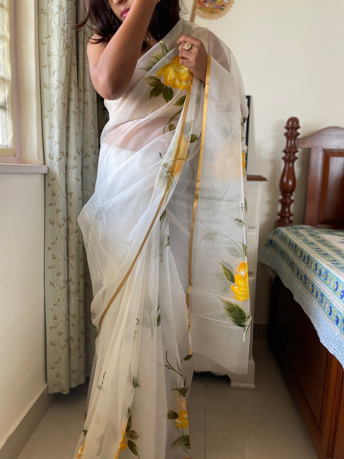 Handpainted Organza Saree - White Yellow