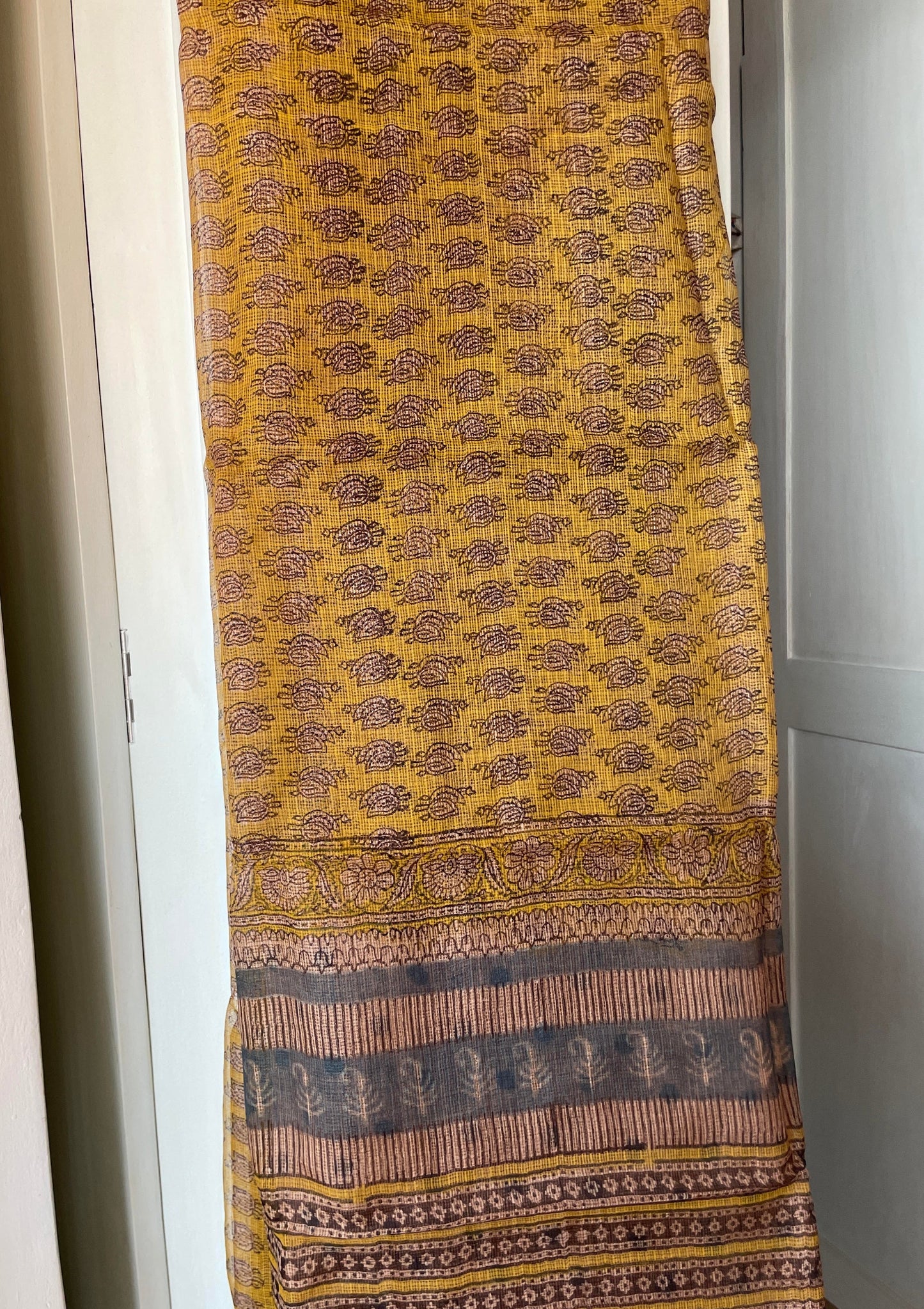 Handblock pure Kota silk saree - Mustard