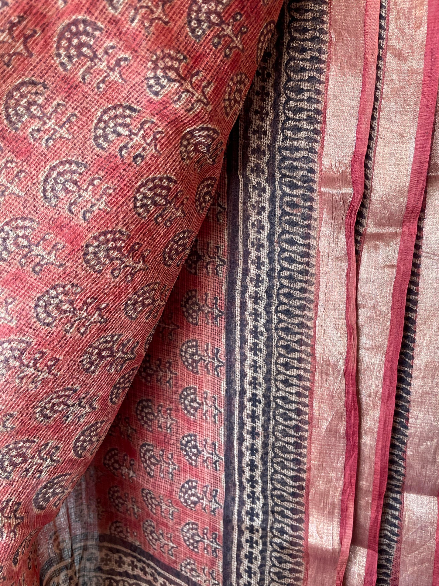 Handblock pure Kota silk saree - Brick red
