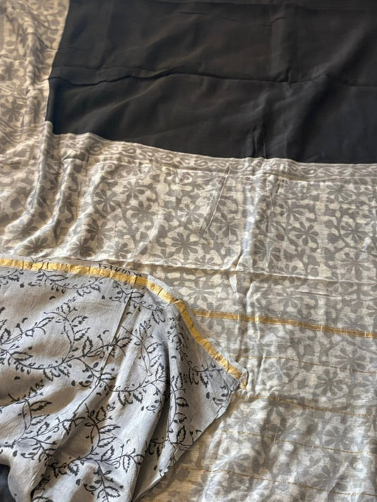 Hand block printed cotton silk saree - Black Grey
