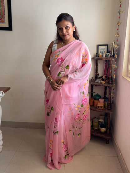 Handpainted Chiffon saree - Pink2