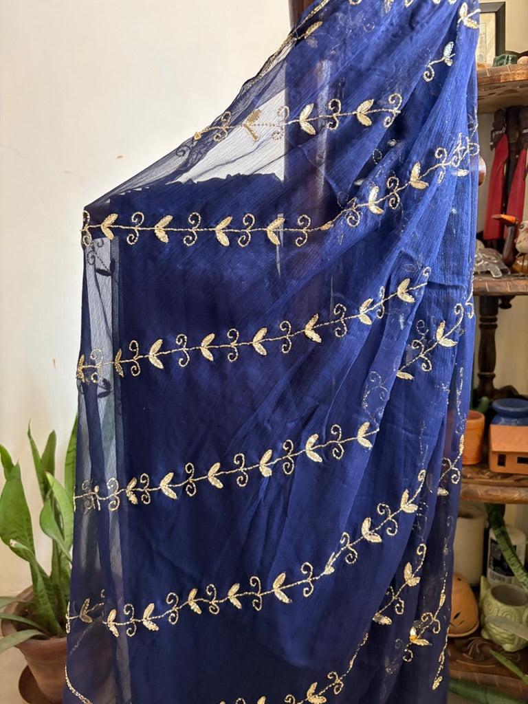 Zari Chiffon saree with beadwork - Navy Blue