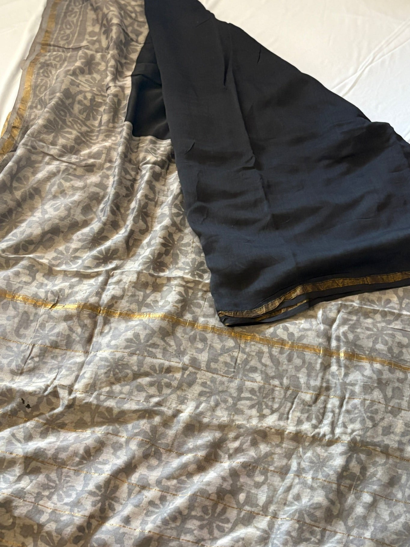 Hand block printed cotton silk saree - Black Grey