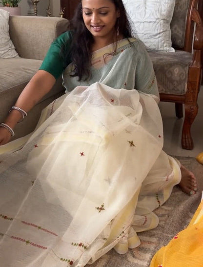 Kota Doria hand embroidered saree - Cream