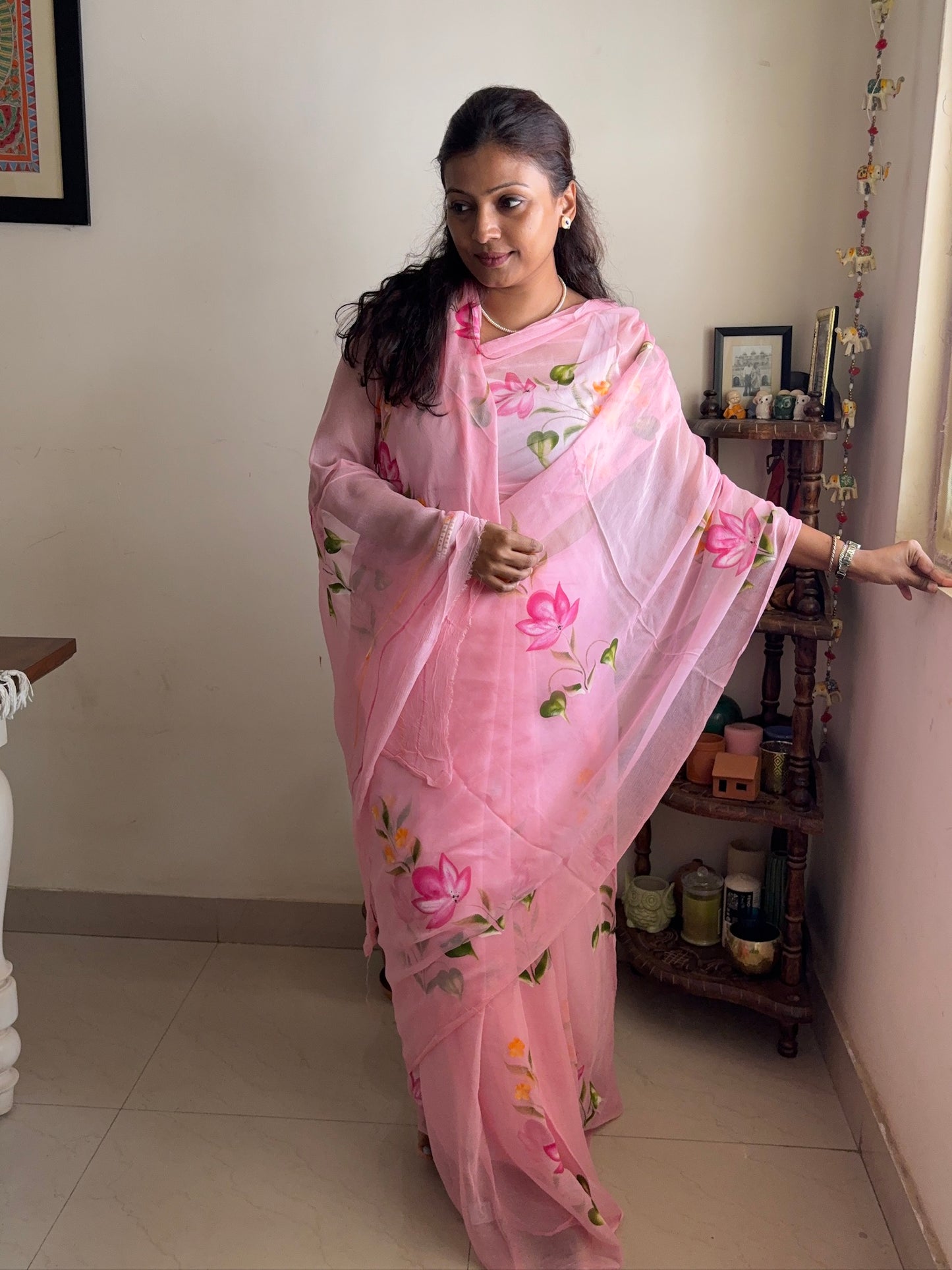 Handpainted Chiffon saree - Pink2