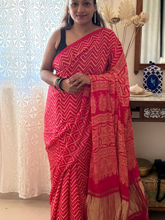 Modal silk handblock Ajrakh zig zag saree - Pink