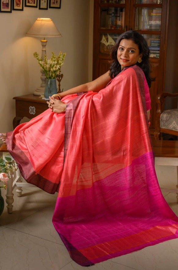 Pure Eri silk saree - Orange pink