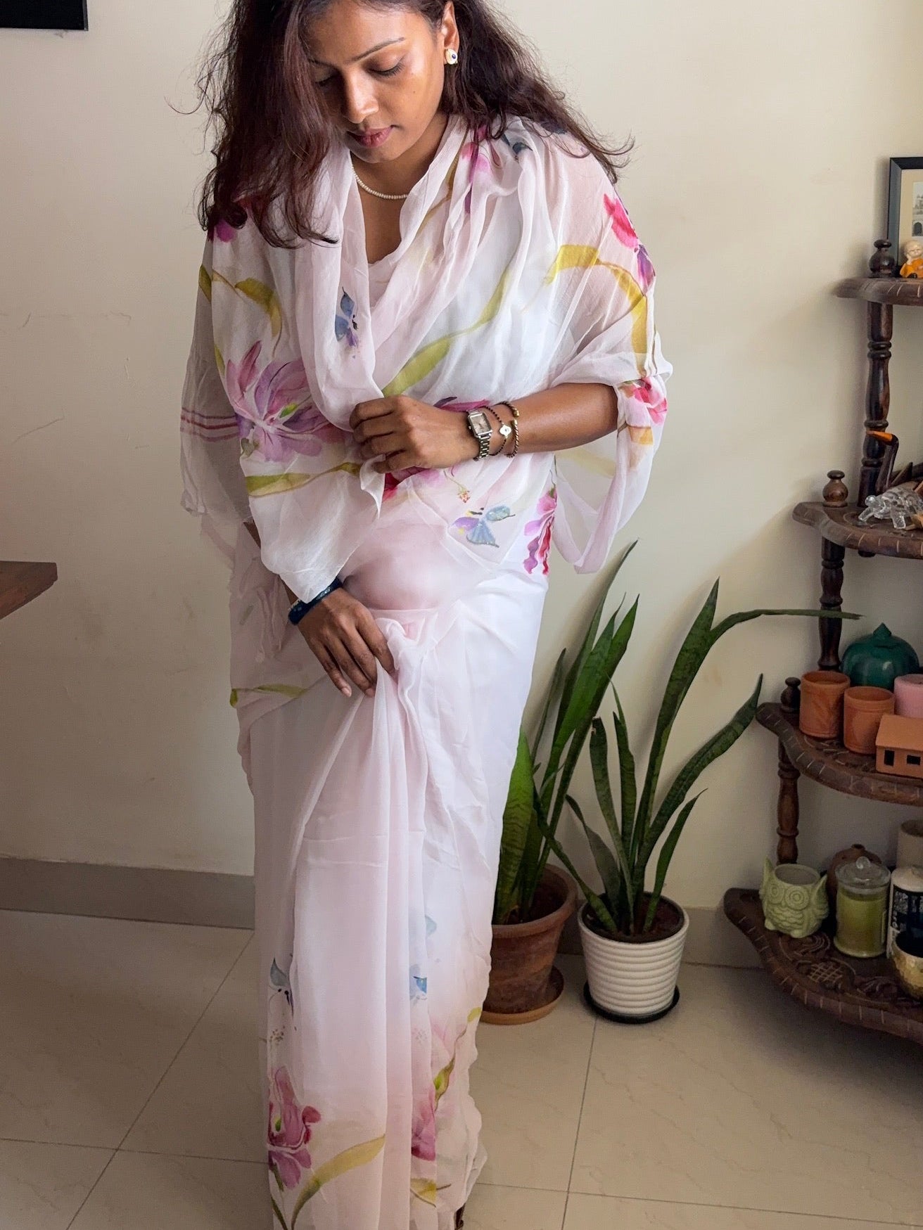 Handpainted chiffon saree - Blush Pink