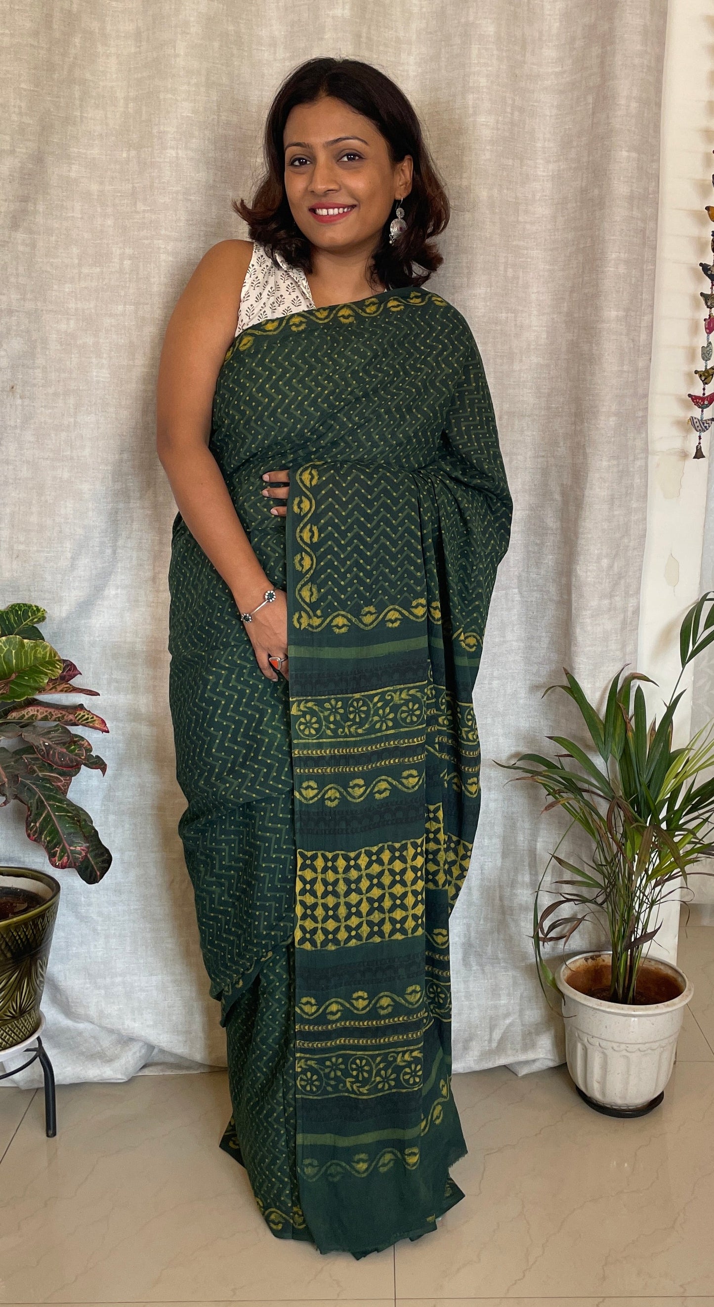 Natural Green hand block printed Mul cotton saree