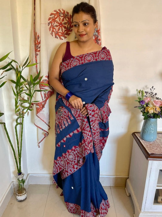 Handmade patchwork cotton saree - Royal Blue & Red