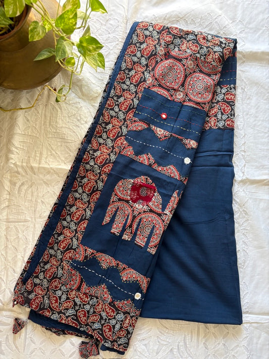 Cotton applique patchwork saree - Blue 1