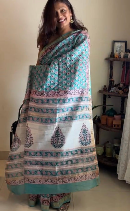 Maheshwari silk hand-block print saree - Green Phool